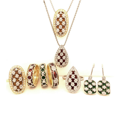 Retine parure - Jewelry ensemble with translucent enamels in 18kt gold and natural brilliant cut diamonds