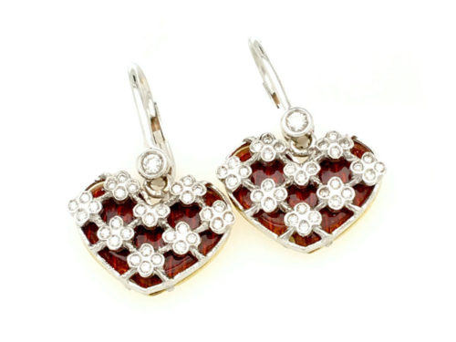 Yellow and white gold earrings 18kt g. 7,10 with translucent fire enamels e 66 Natural diamonds cut bright Color H VS 0,37